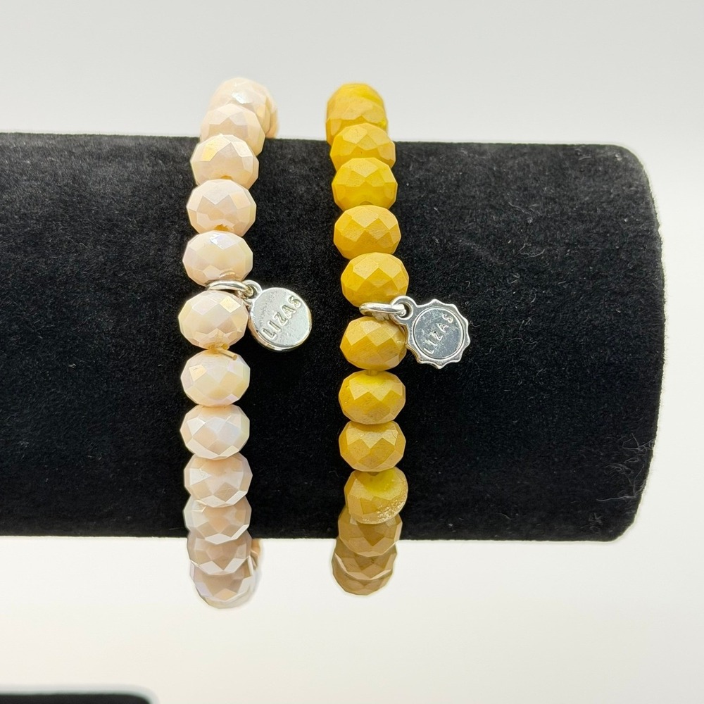 Lizas Set of 2 Faceted Beaded Stretch Bracelets Golden Ochre Champagne Pink